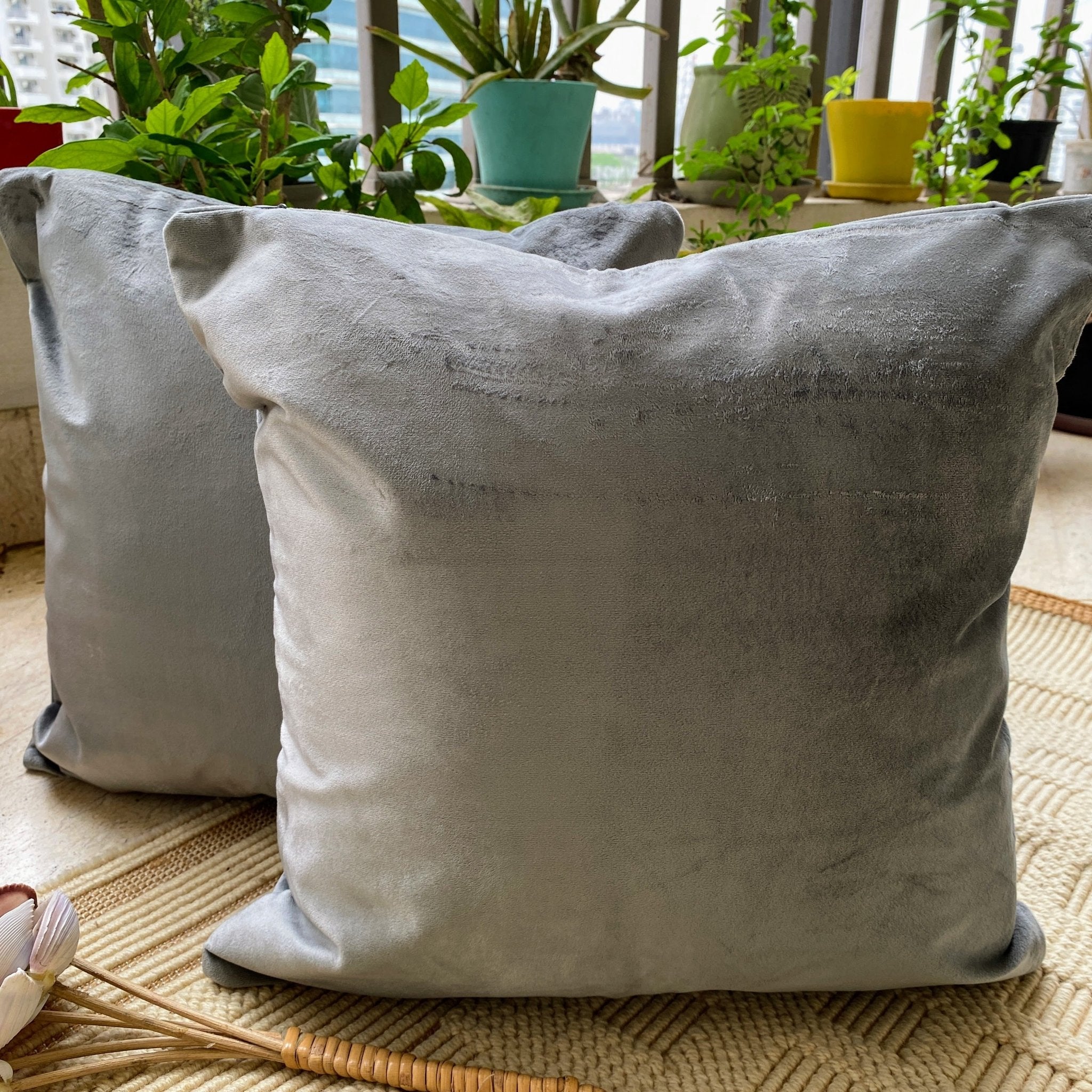 Suede Cushion Covers Silver, Pack of 2, 16" x 16" - Coral Slub -